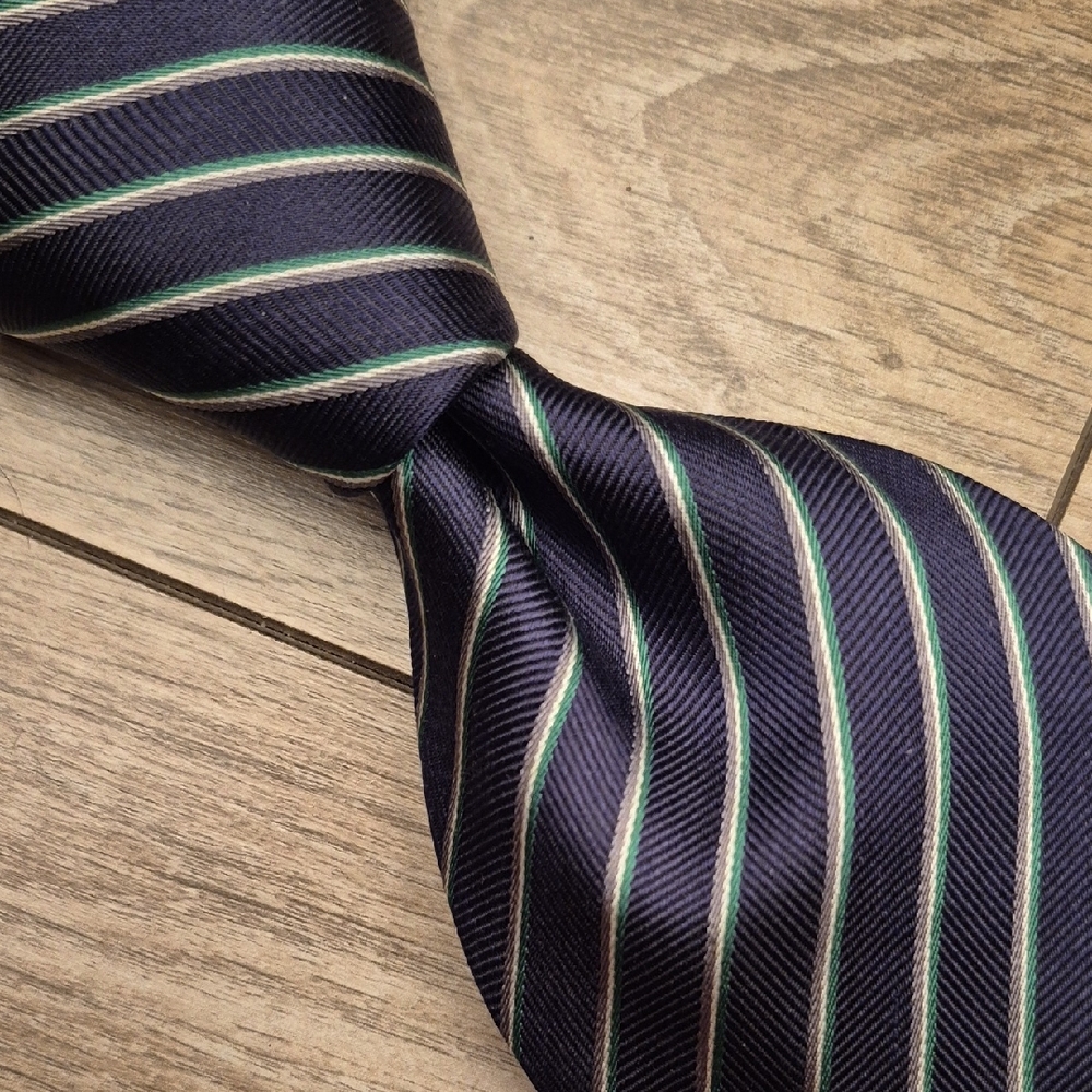 SOLHEIM CUP x Bowler‎ & Blake Dark Navy Green Striped Logo Mens Silk Tie